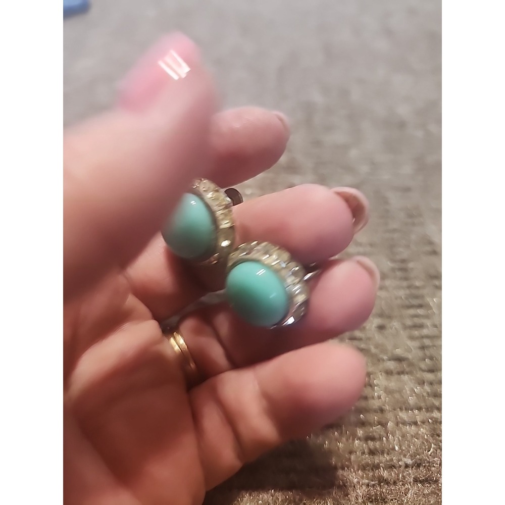 WW2 Earings‎ Vintage Screw Back Marked Japan Cabochon Turquoise With Rhinestone